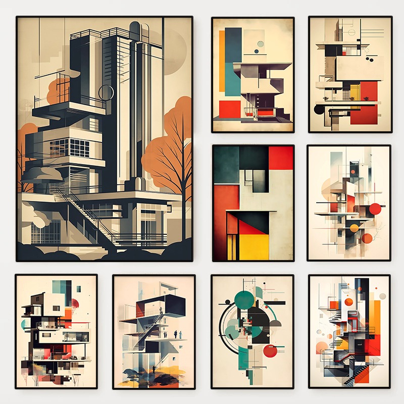 Vintage Fashion Wall Art - Poster Sketsa Arsitektur Bauhaus Minimalis Vintage