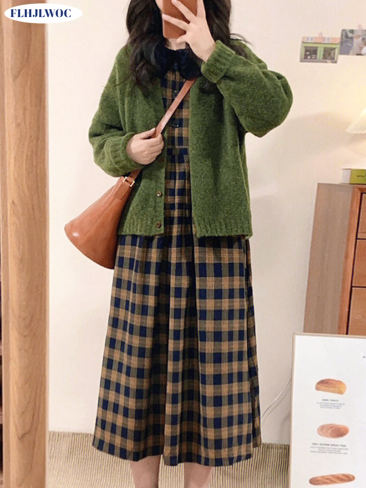 Gaun Kotak-kotak Kopi 2023 Pak - Vintage Fashion Korea ulasan dan harga