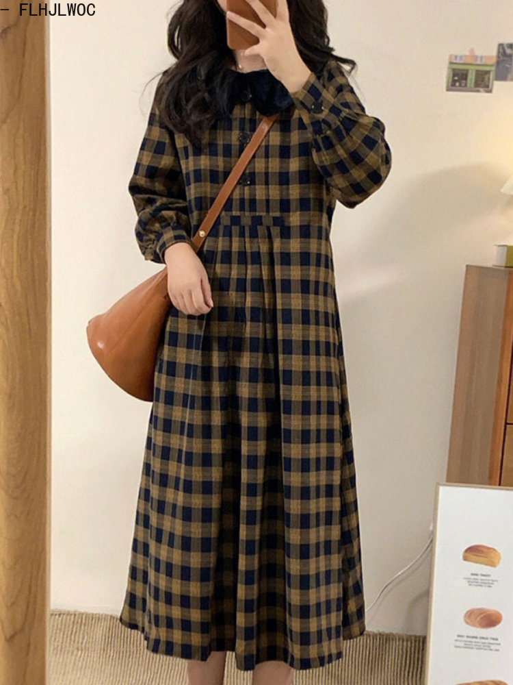 Gaun Kotak-kotak Kopi 2023 Pak - Vintage Fashion Korea ulasan dan harga
