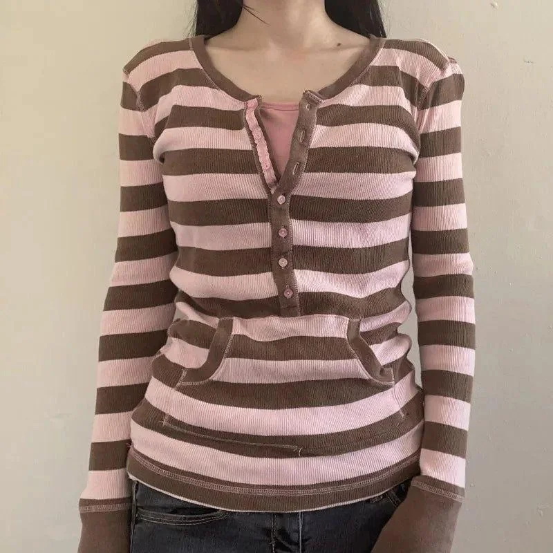 Kaos Musim Dingin Bergaris Pal - Vintage Fashion Korea ulasan dan harga