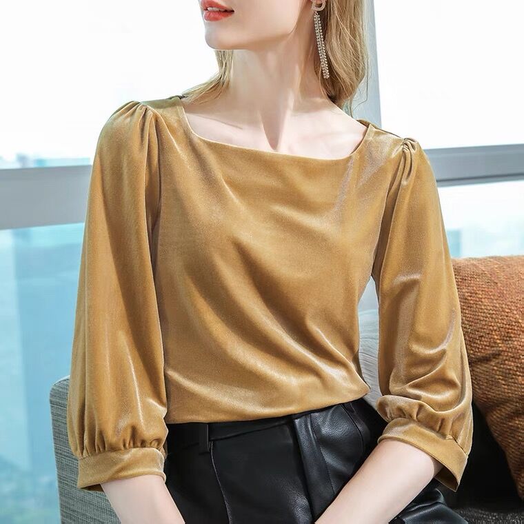 Kemeja beludru kerah persegi v - Vintage Style Women Fashion ulasan dan harga
